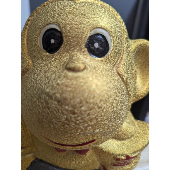 Ceramic Gold Fleck Monkey Bank - Year of the Monkey piggy bank 7 inch red tie - Picture 3 of 10